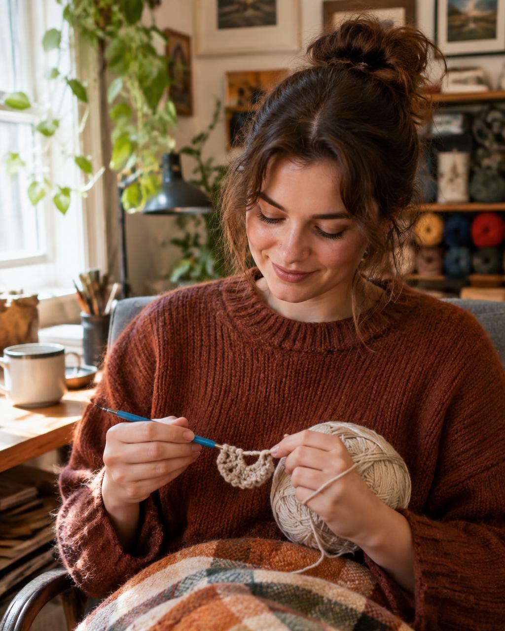 Leah crocheting in her home studio