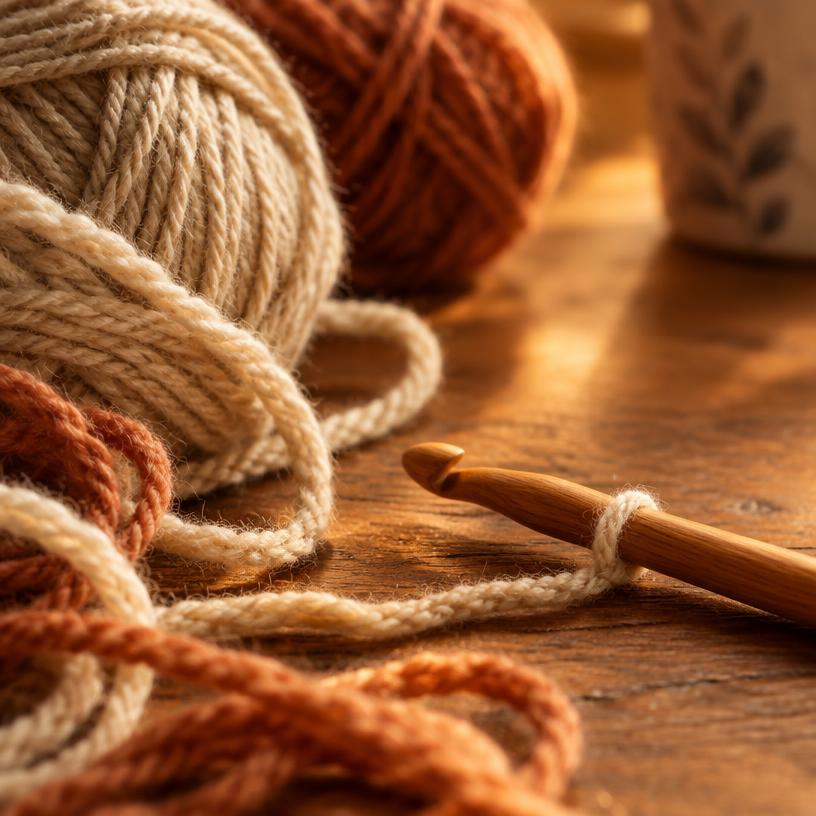 Balls of wool and a wooden crochet hook on a table